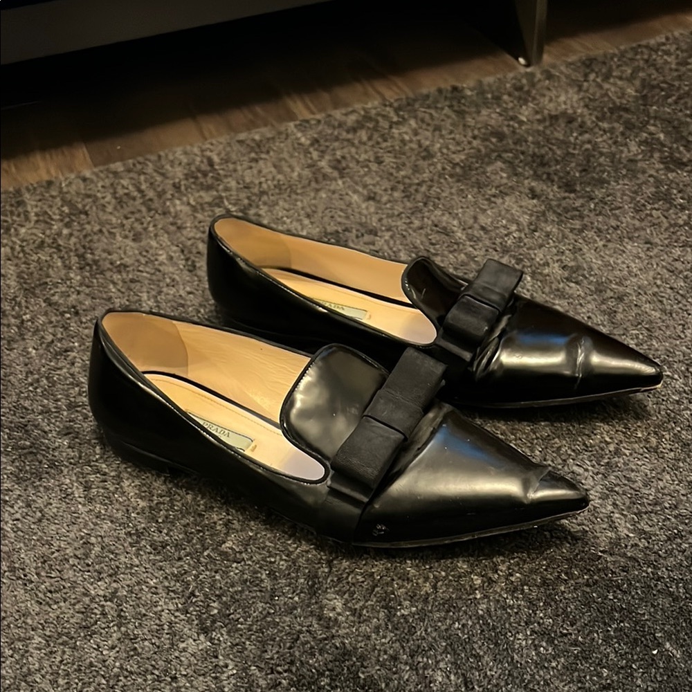 Prada Black Leather Flats with Bow Detail